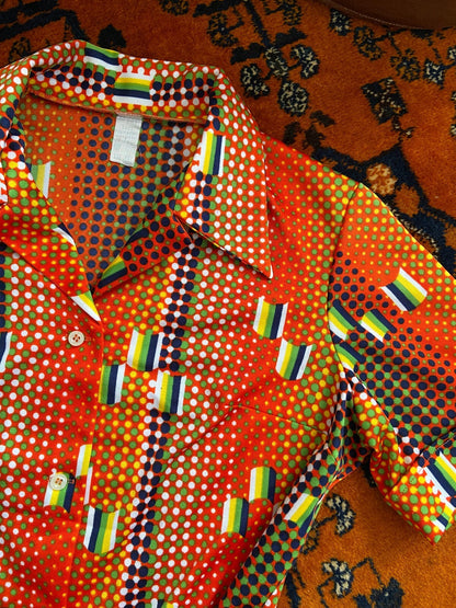 Vintage 1970s Orange Retro Print Belted Shirt