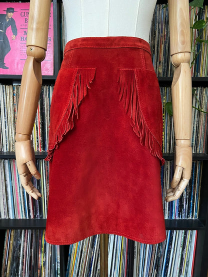 Vintage 1970s Red Suede Fringed Mini Skirt