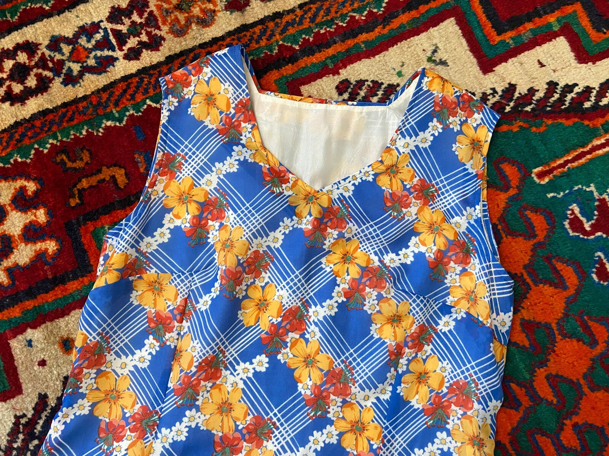Vintage 1970s Blue Floral Print Maxi Dress
