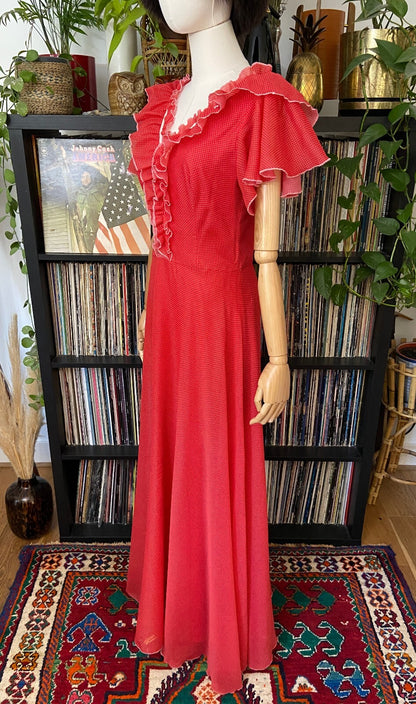 Vintage 1970s Red Spot V-Neck Maxi Dress