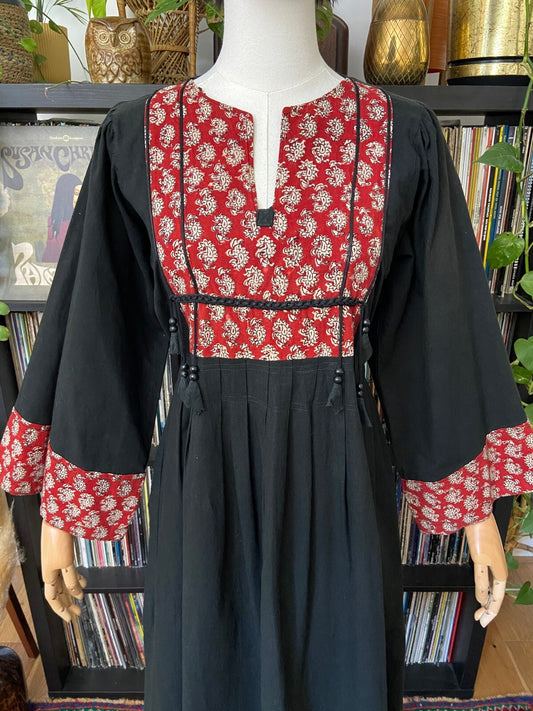 Vintage 1970s Black Indian Cotton Block Print Dress
