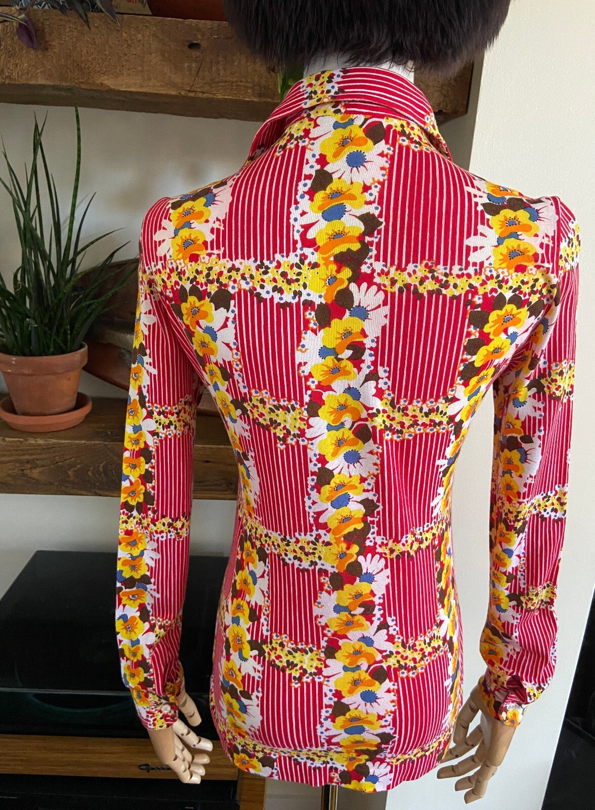 Vintage 1970s Red Striped & Yellow Floral Shirt