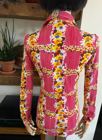 Vintage 1970s Red Striped & Yellow Floral Shirt