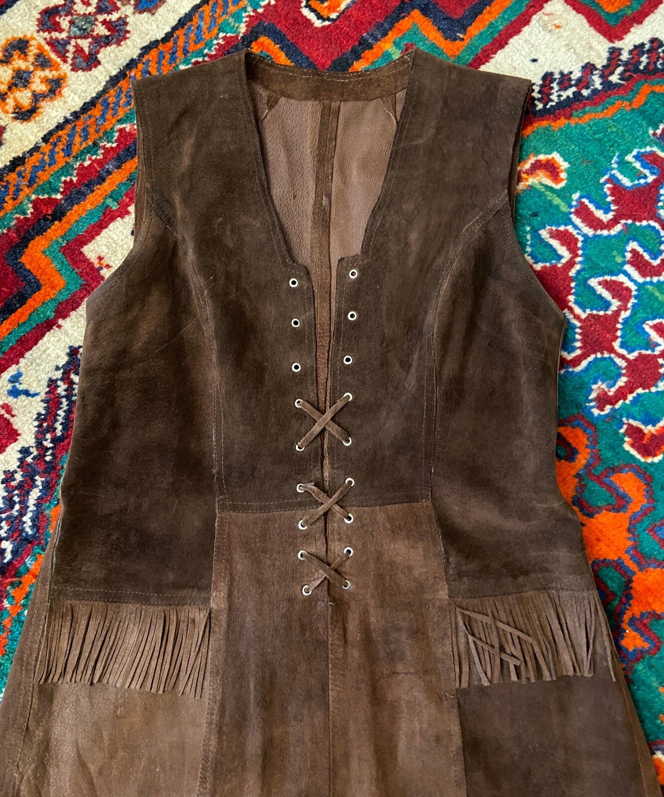 Vintage 1970s Brown Suede Fringed Lace Up Dress