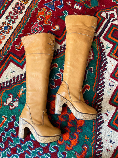 Vintage 1970s Rare Tan Zodiac Over The Knee Boots UK 3 - 3.5