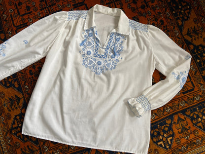 Vintage 1970s Blue Embroidered Penny Lane Blouse