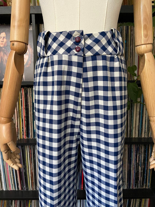 Vintage 1970s Navy & White Check Bellbottom Trousers W32