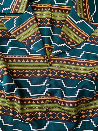 Vintage 1970s Green Geometric Print Shirt Dress
