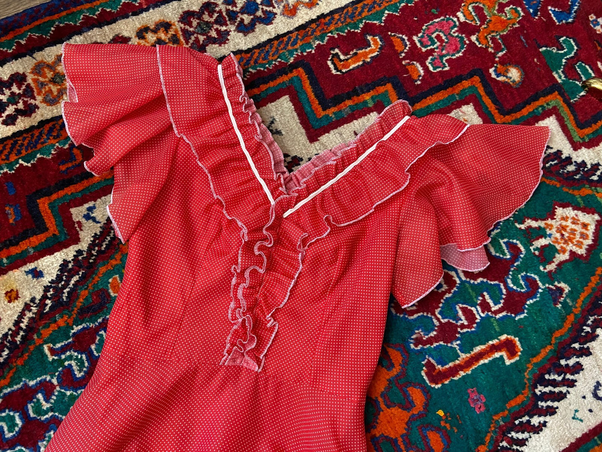 Vintage 1970s Red Spot V-Neck Maxi Dress