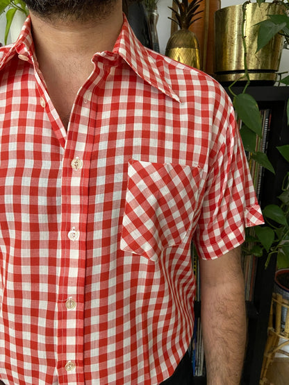 Vintage 1970s Red Gingham Dagger Collar Shirt