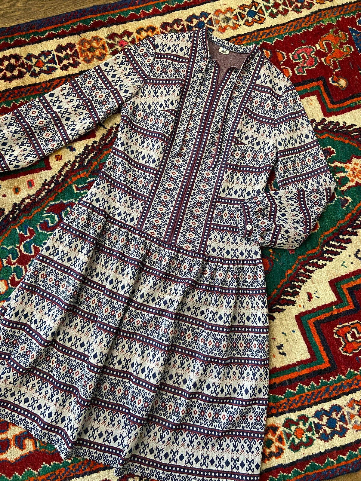 Vintage 1970s Folk Knit Drop Waist Dress