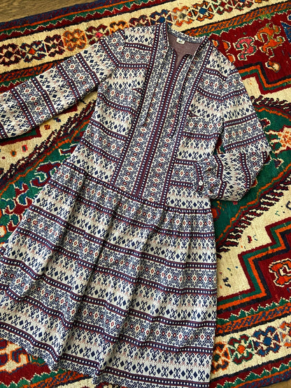 Vintage 1970s Folk Knit Drop Waist Dress