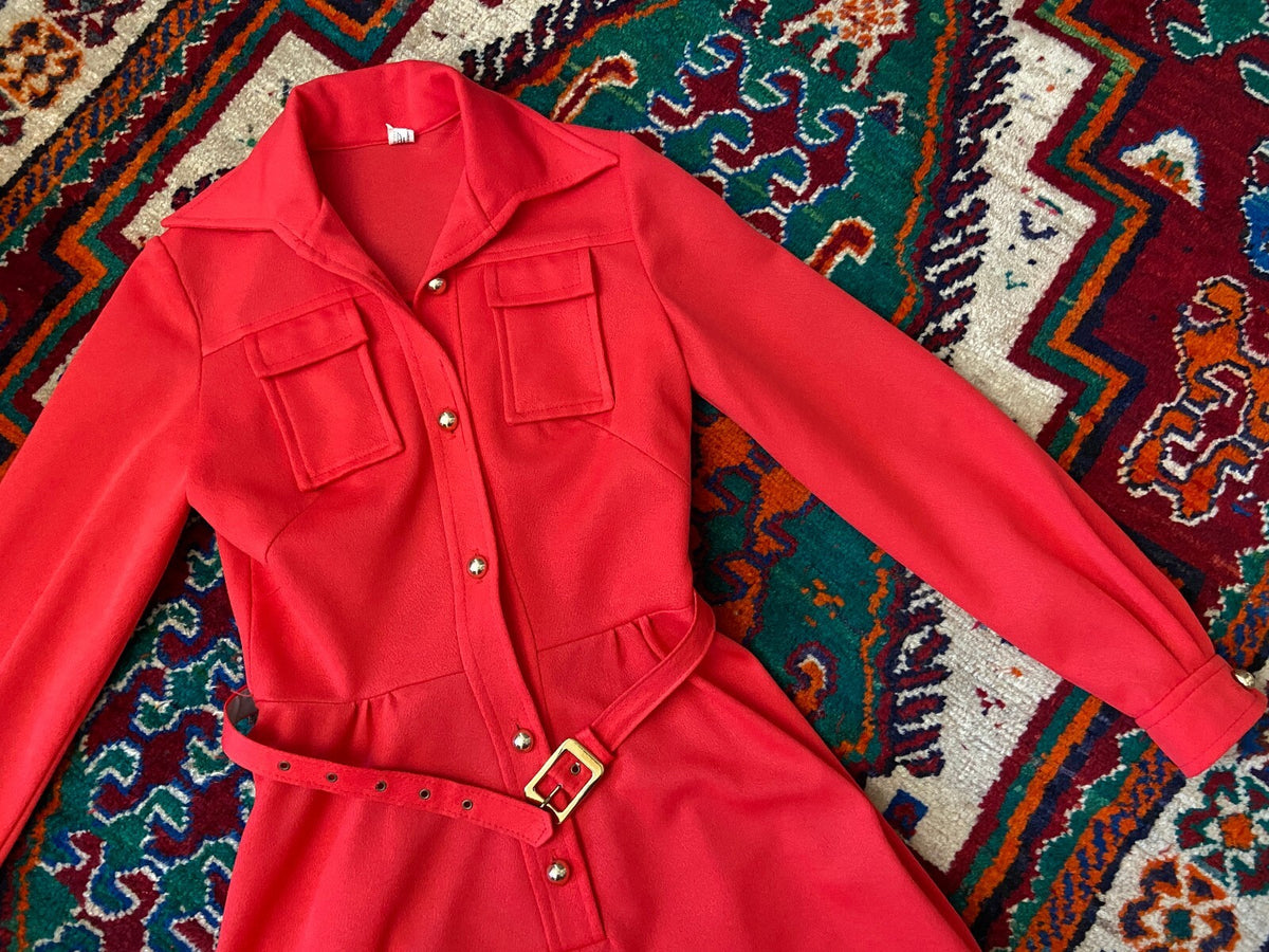 Vintage 1970s Red Utility Shirt Dress