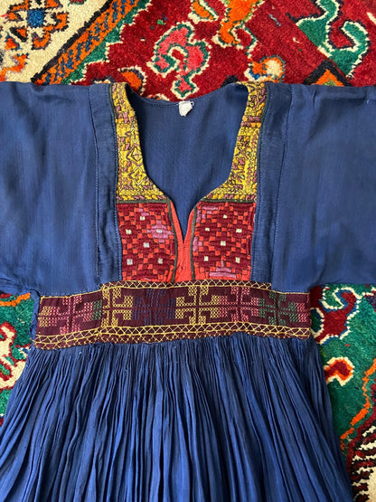 Vintage 1970s Blue Embroidered Afghan Dress