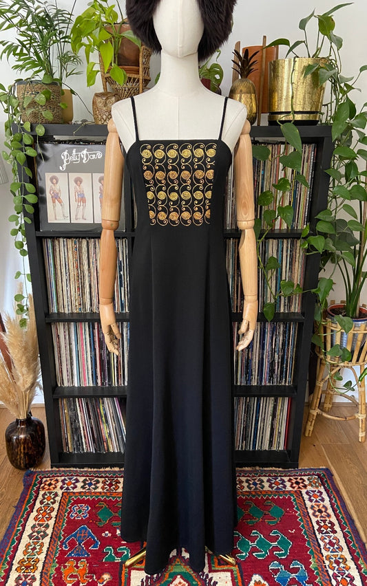Vintage 1970s Gold Embroidered Sleeveless Maxi Dress