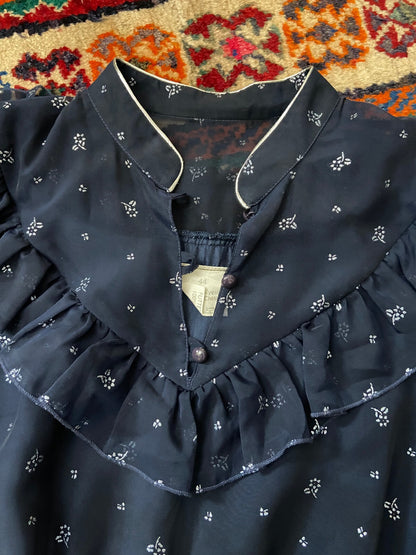 Vintage 1970s Navy & Silver Maxi Prairie Dress