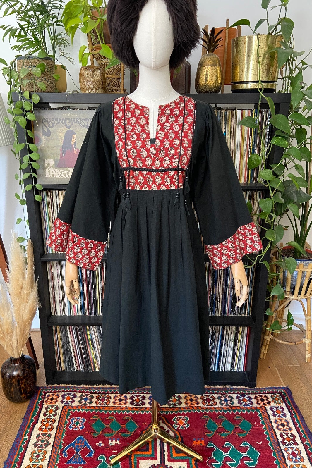 Vintage 1970s Black Indian Cotton Block Print Dress