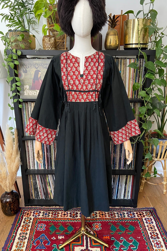 Vintage 1970s Black Indian Cotton Block Print Dress