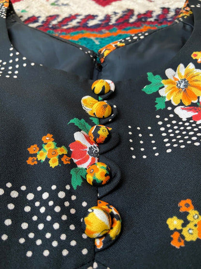 Vintage 1970s Puff Shoulder Floral Maxi Dress