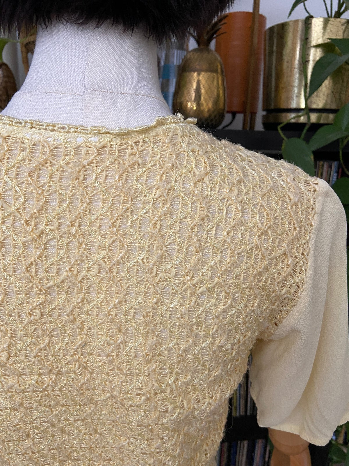 Vintage 1980s Pale Yellow Crochet Detail Dress
