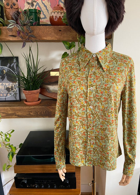 Vintage 1970s Green Floral Dagger Collar Shirt