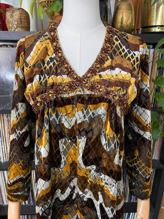 Vintage 1970s Brown & Mustard Velvet Sequin Trim Dress