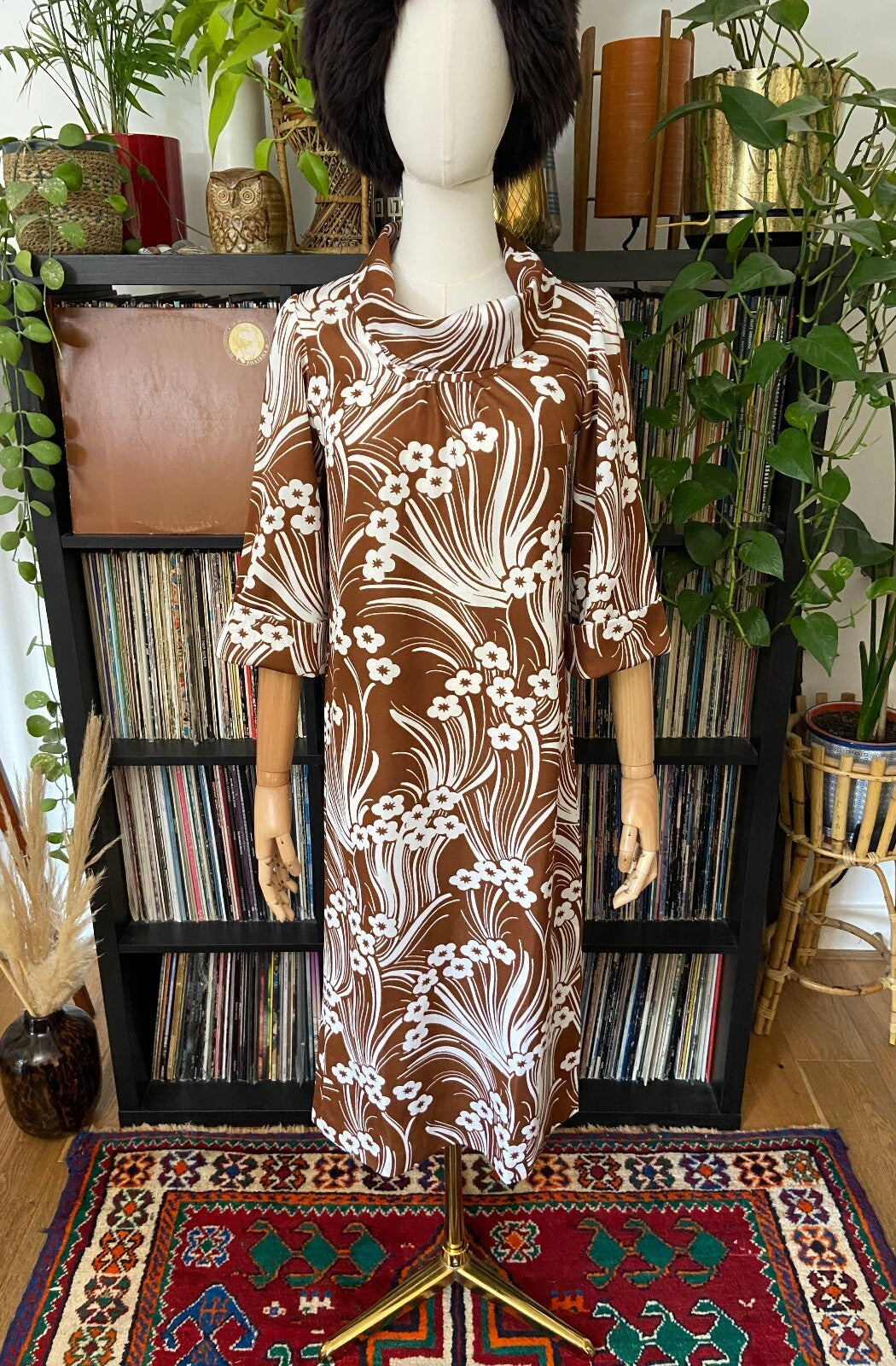 Vintage 1970s Brown & White Funnel Neck Dress