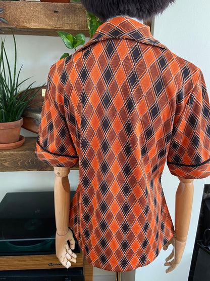 Vintage 1970s Orange & Brown Knit Dagger Collar Top