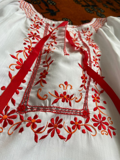 Vintage 1970s White & Red Embroidered Folk Blouse