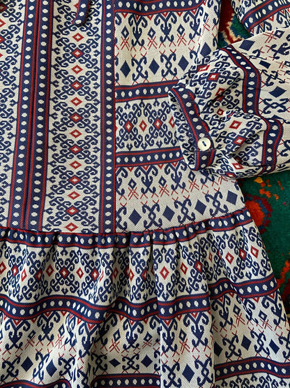 Vintage 1970s Folk Knit Drop Waist Dress
