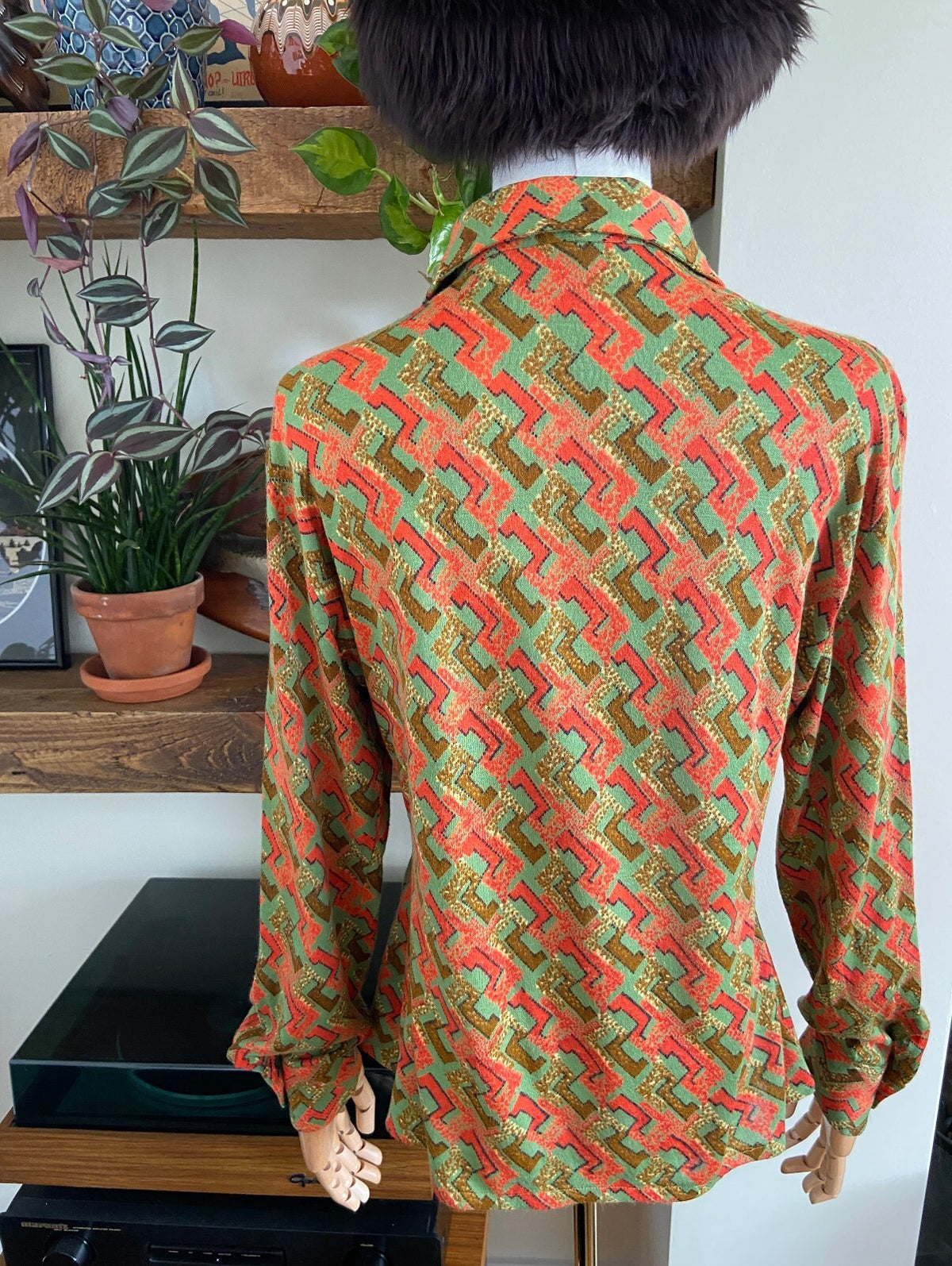 Vintage 1970s Green & Orange Print Dagger Collar Shirt