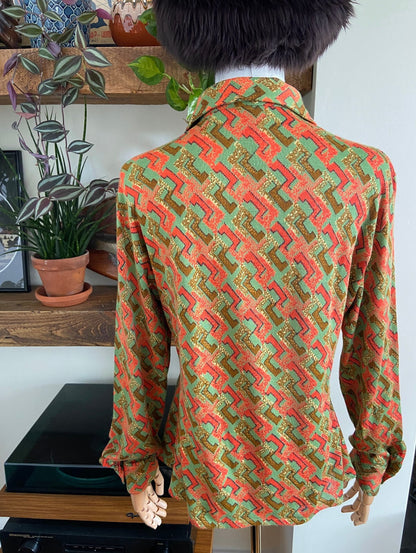 Vintage 1970s Green & Orange Print Dagger Collar Shirt