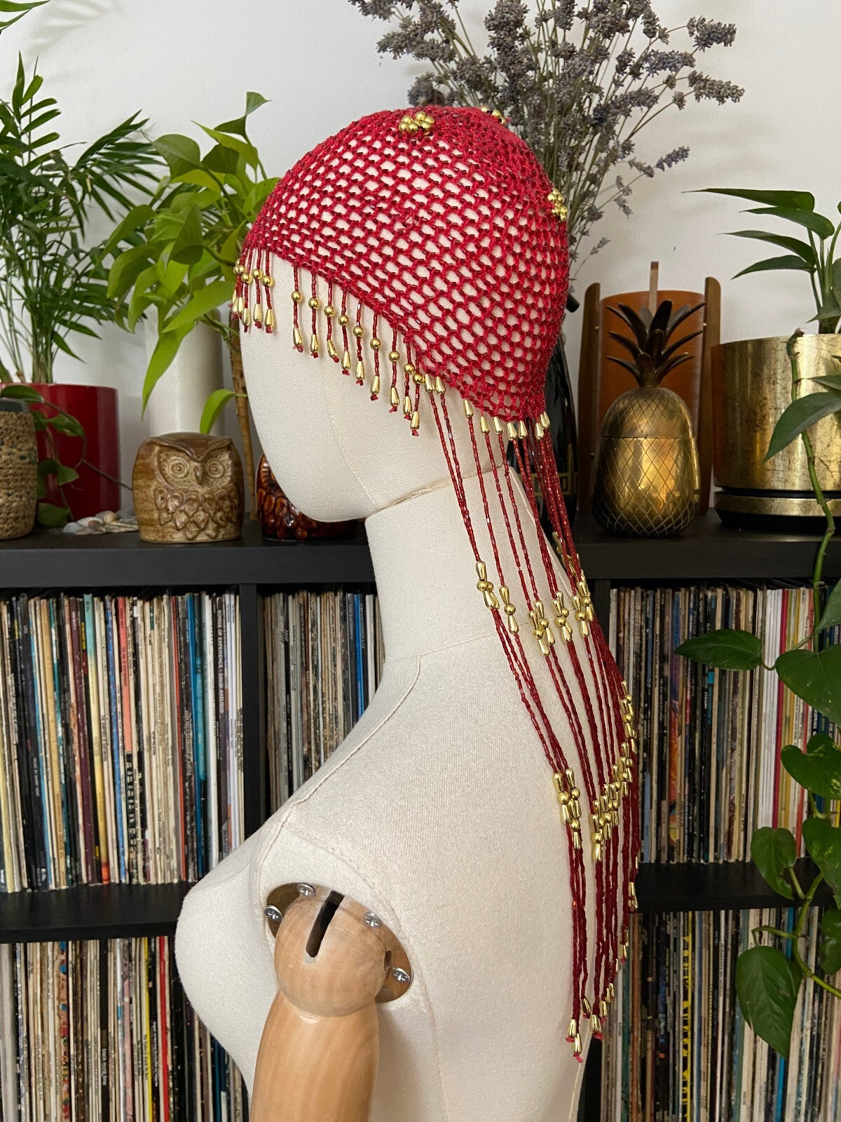 Vintage Red & Gold Crochet Tassel Cap