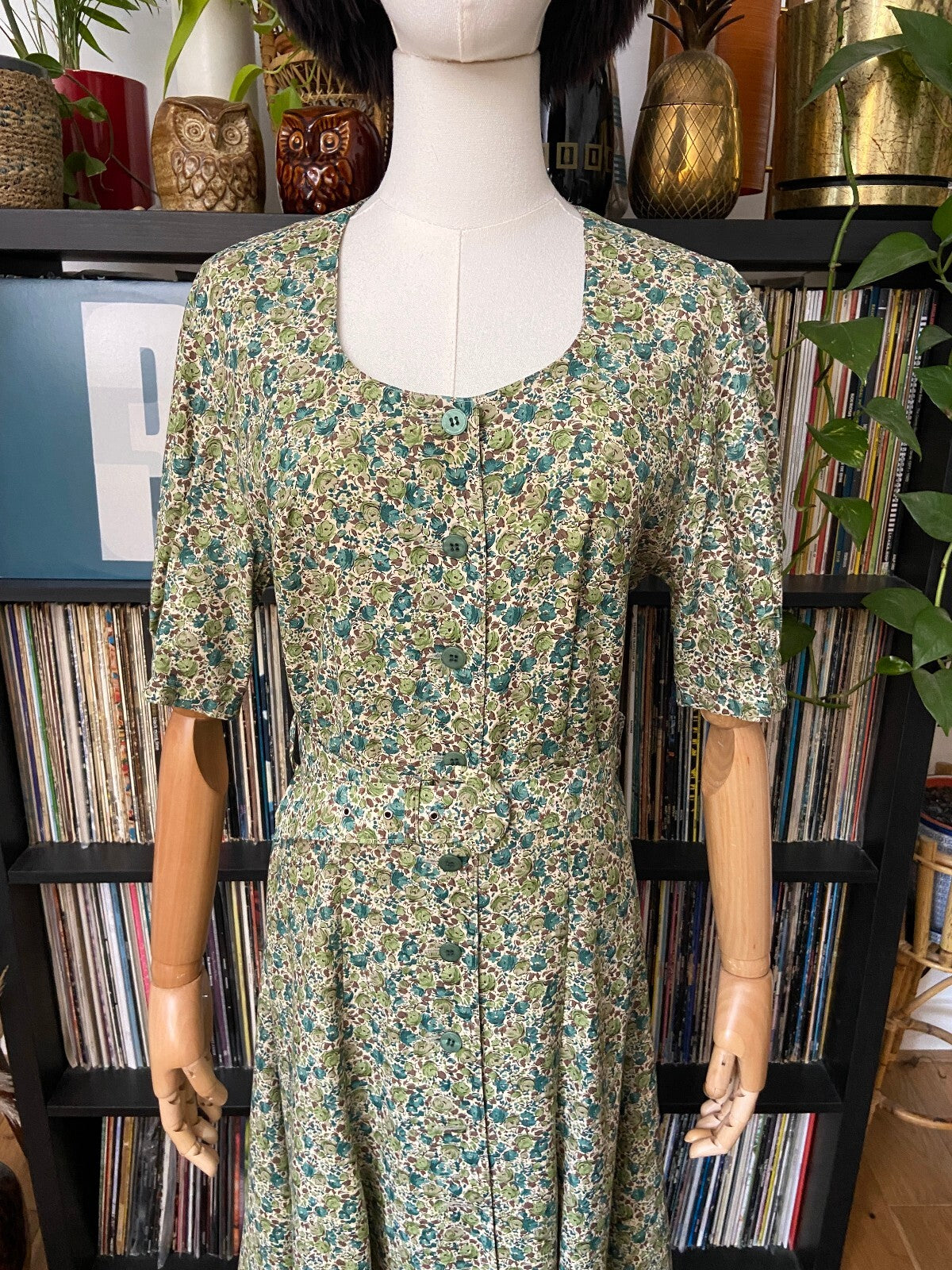 Vintage 90s Green Floral Tea Dress