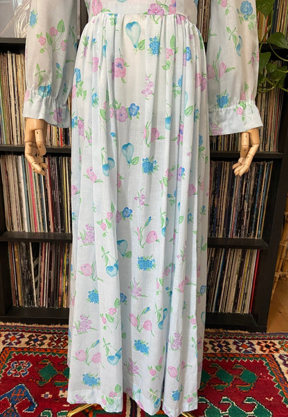 Vintage 1970s Pale Blue Romantic Floral Maxi Dress