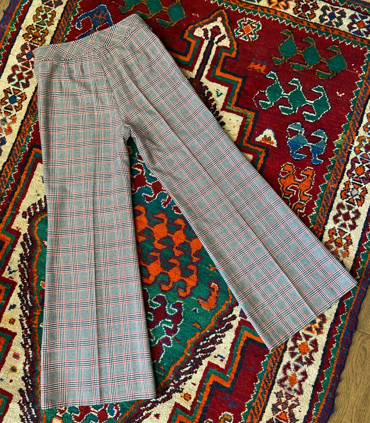 Vintage 1970s Black & Red Check Bellbottom Flares W30