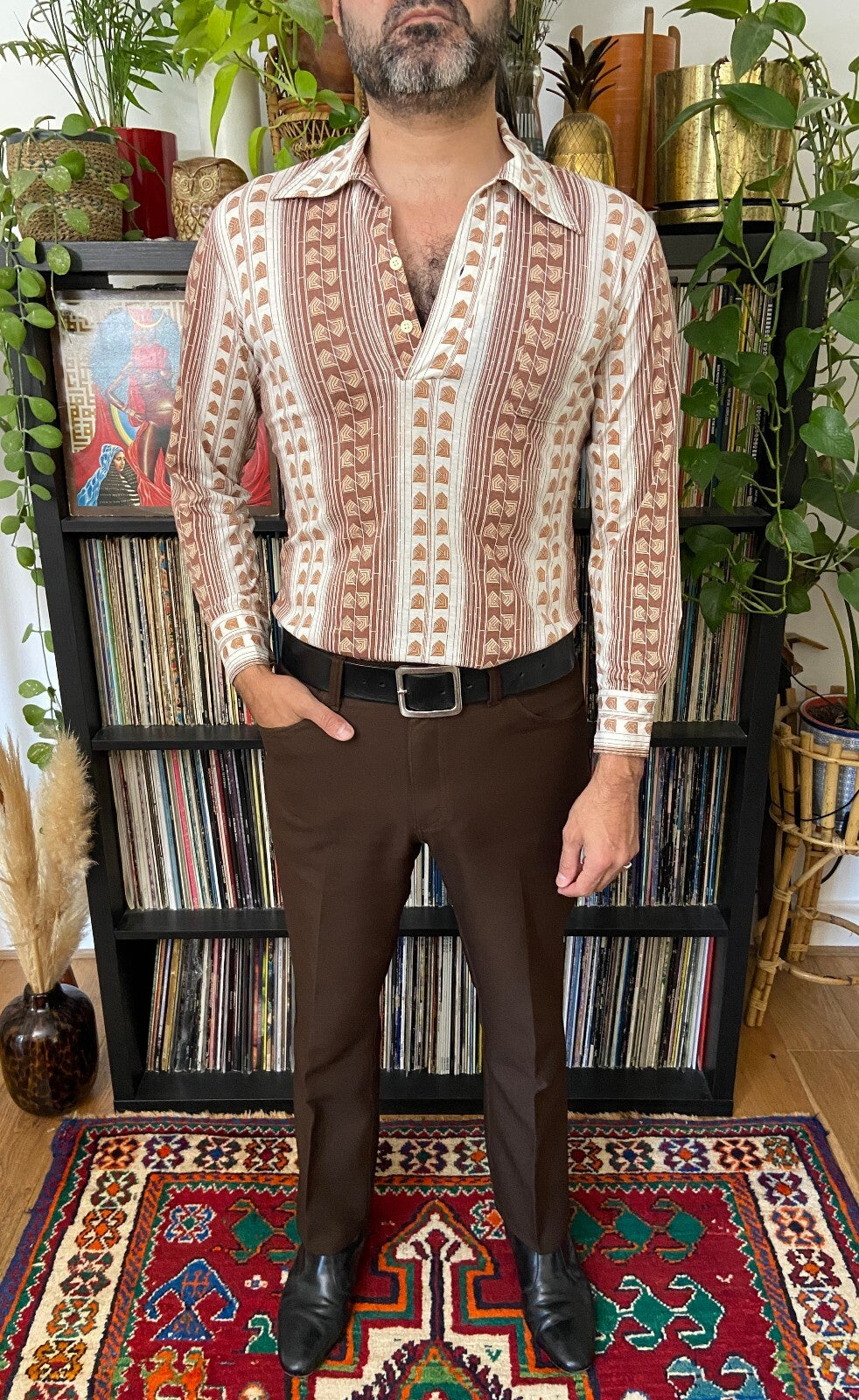 Vintage 1970s Japanese Geometric Print Jersey Top