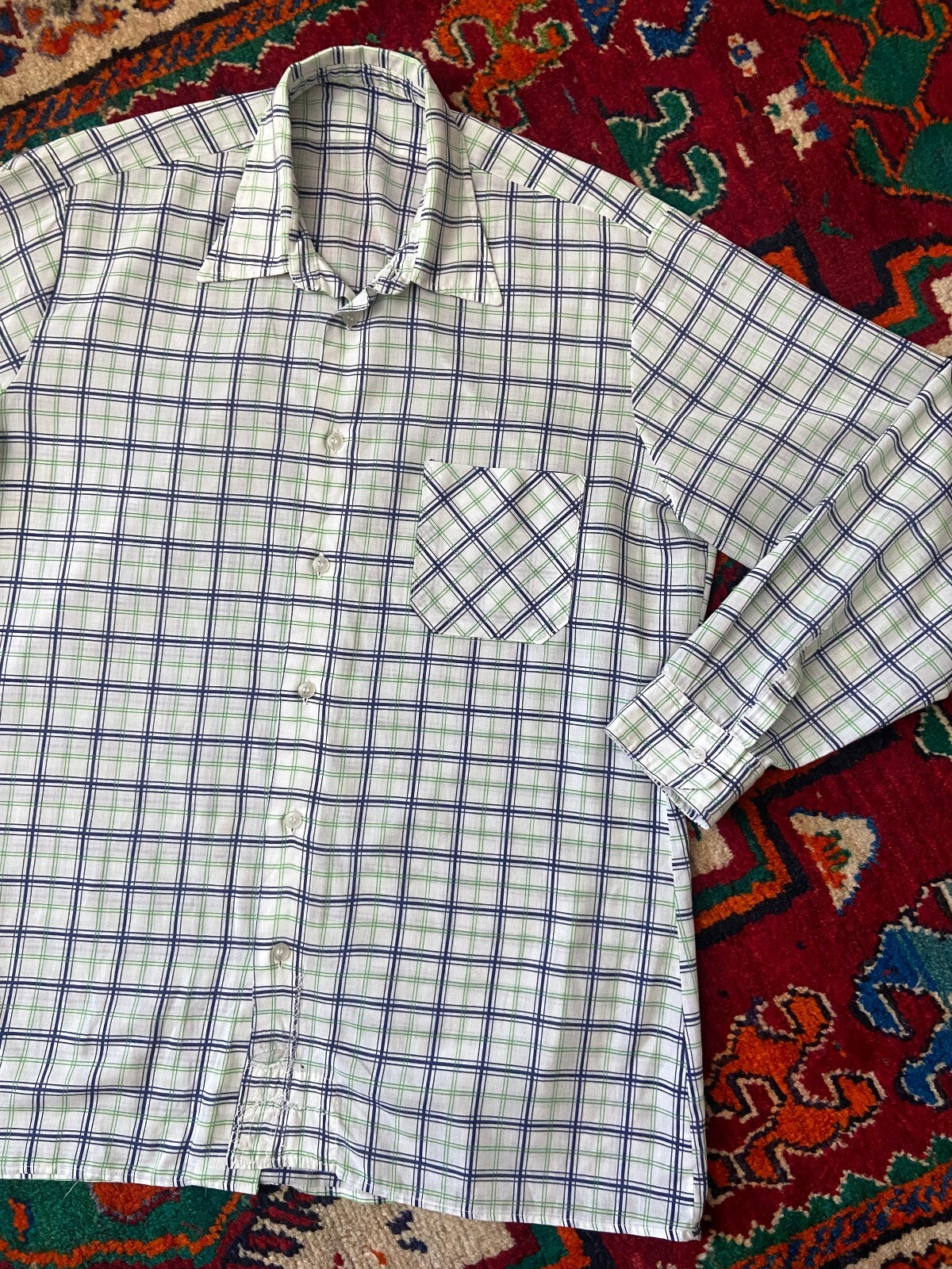 Vintage 1970s White, Green & Navy Checked Shirt