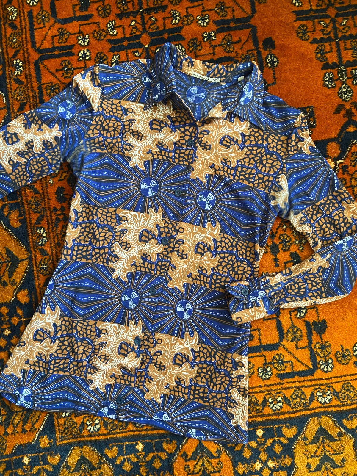 Vintage 1970s Blue & Brown Dagger Collar Shirt