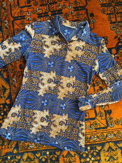 Vintage 1970s Blue & Brown Dagger Collar Shirt