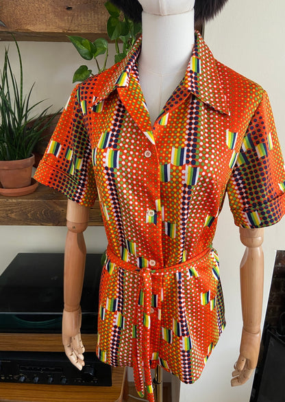 Vintage 1970s Orange Retro Print Belted Shirt