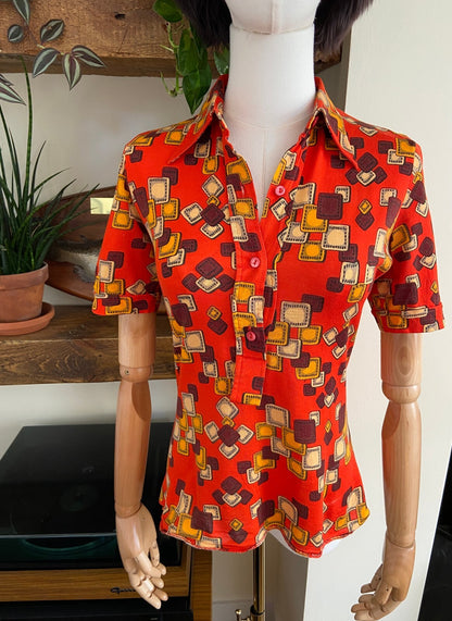 Vintage 1970s Red Geometric Dagger Collar Shirt
