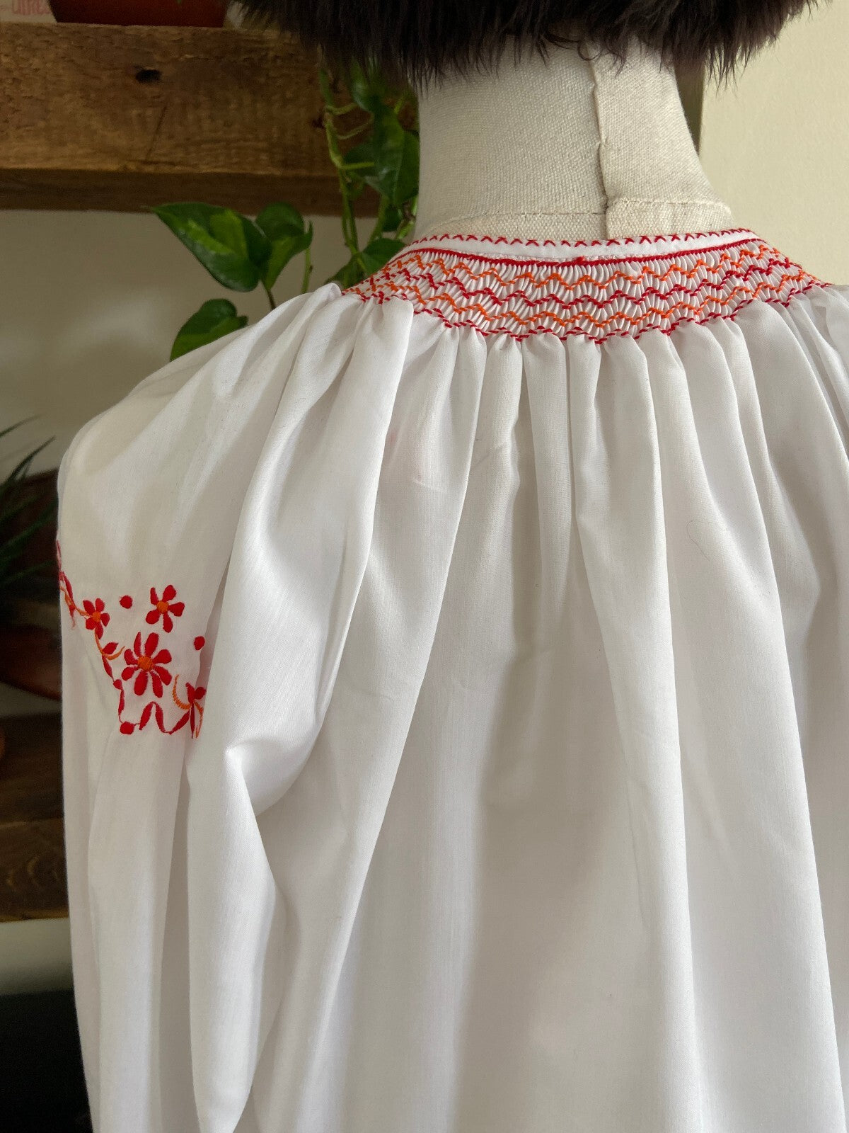 Vintage 1970s White & Red Embroidered Folk Blouse