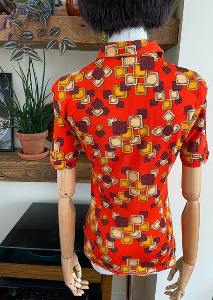 Vintage 1970s Red Geometric Dagger Collar Shirt