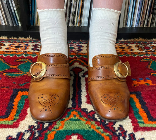 Vintage 1960s Brown Leather Block Heel Shoes UK 5 - 5.5