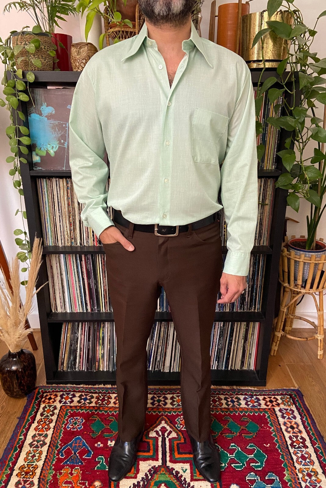 Vintage 1970s Mint Green Dagger Collar Shirt