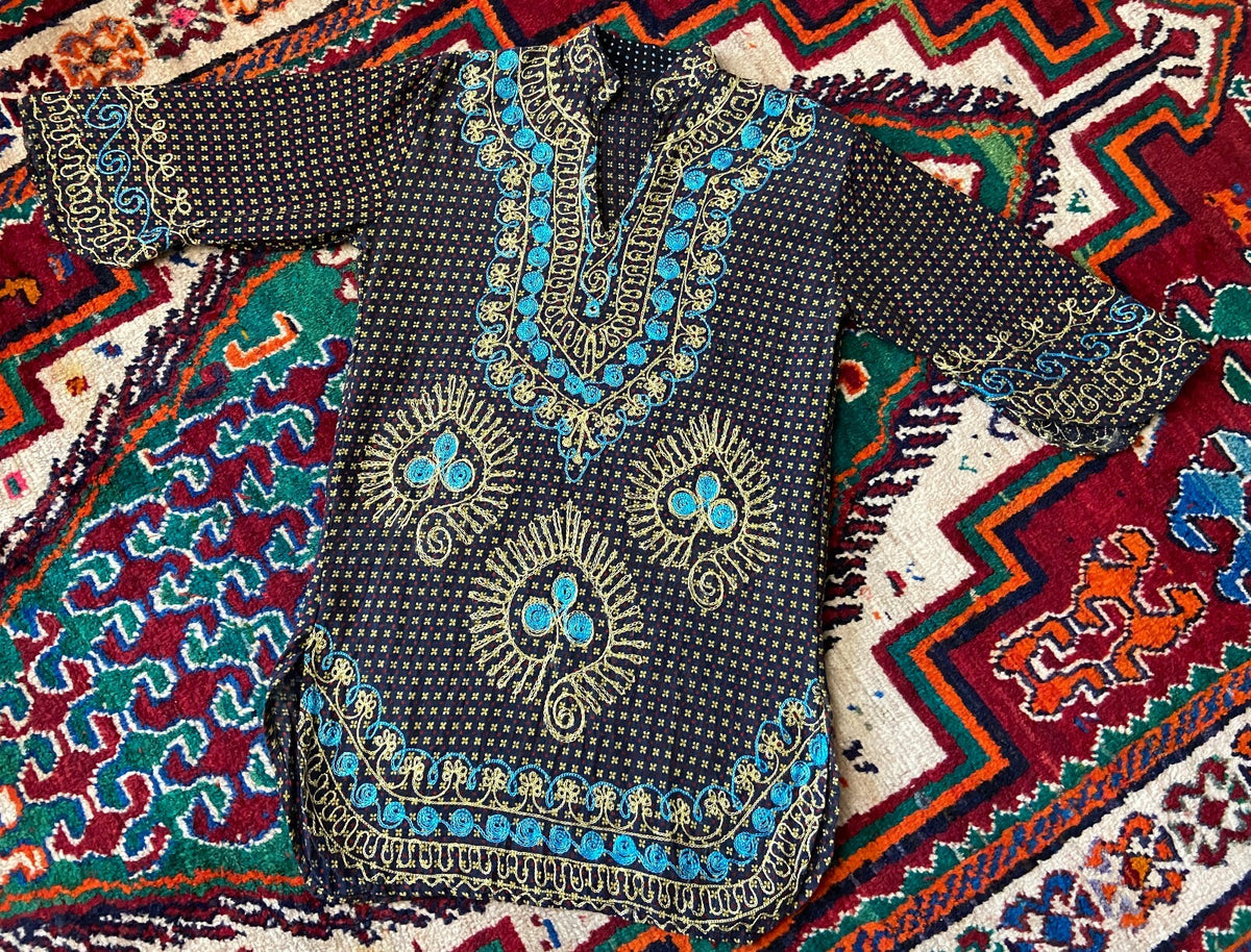 Vintage 1970s Navy Embroidered Tunic Top
