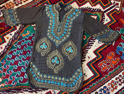 Vintage 1970s Navy Embroidered Tunic Top