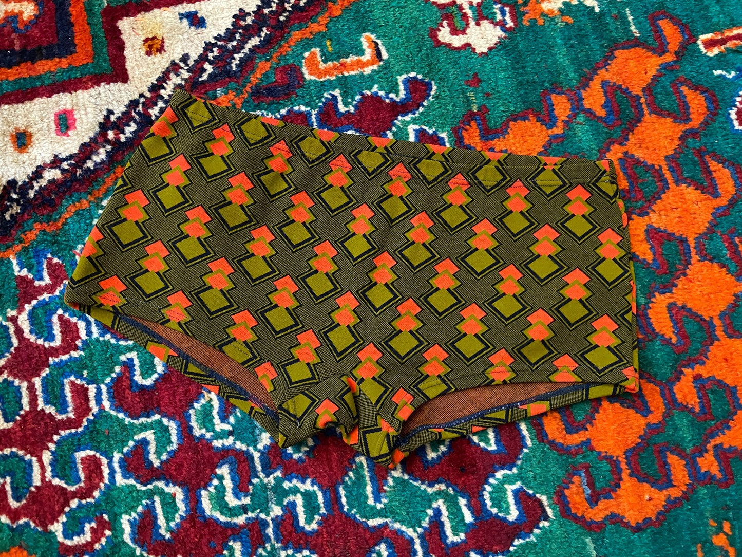 Vintage 1970s Mustard & Red Patterned Swim Shorts