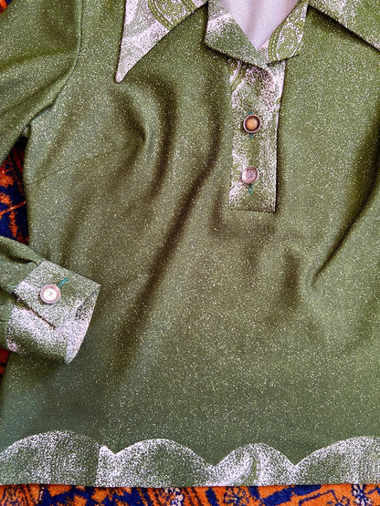 Vintage 1970s Green Dagger Collar Top